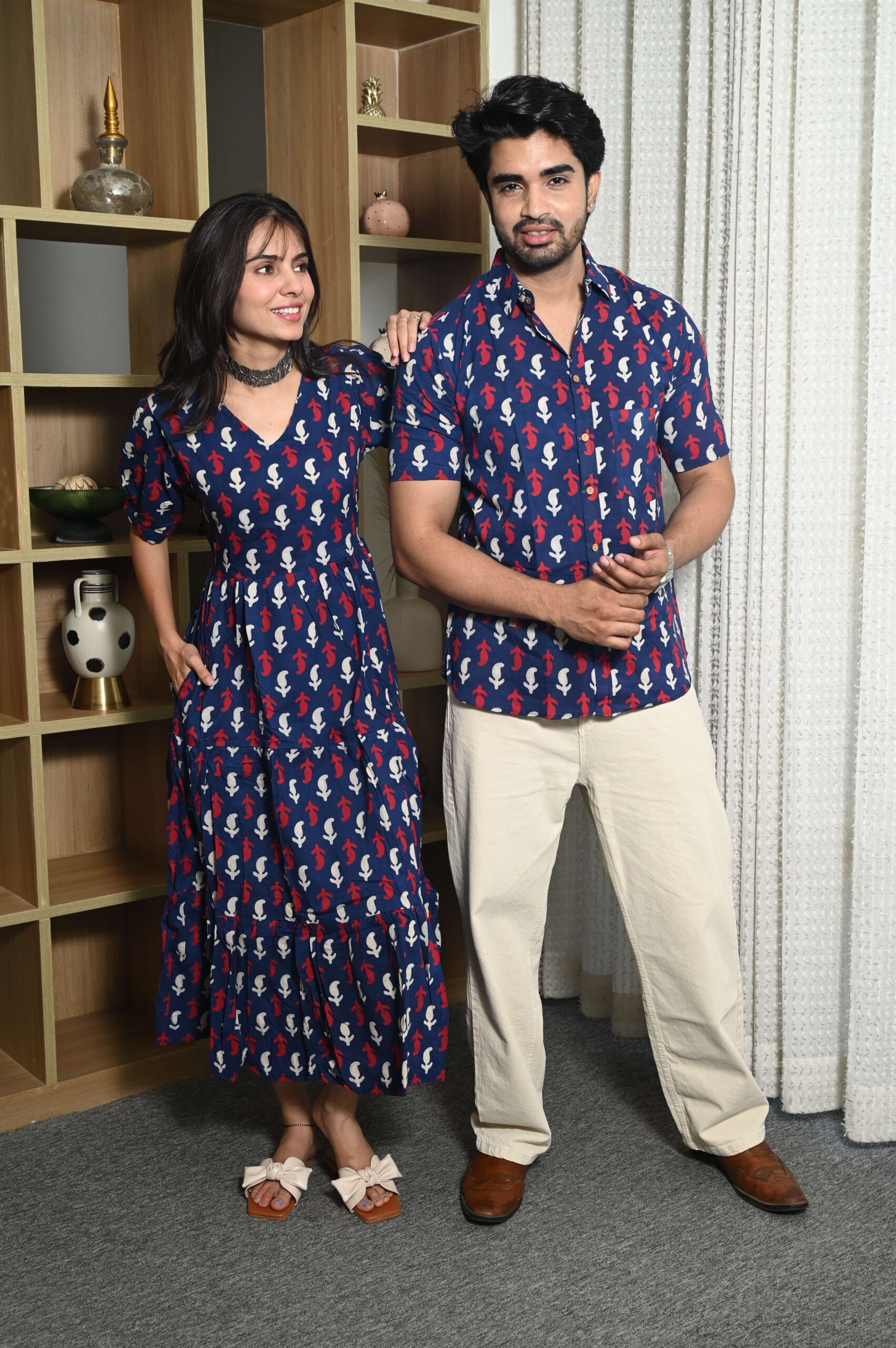 Couple Matching Navy Blue Cotton Anarkali Midi Dress and Shirt Set ? Red & White Abstract Print - Image 5